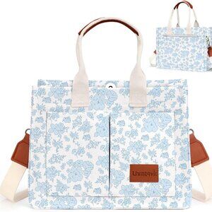 Stylish Blue Floral Tote Bag with Leather Handles - Durable Canvas Everyday Use